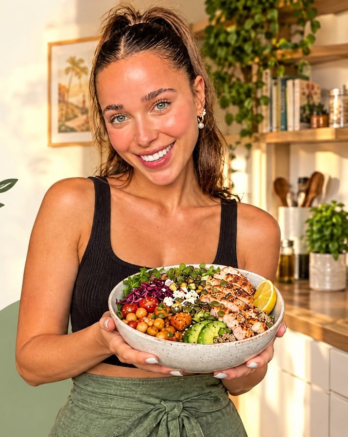 Sophia holding a high protein chicken bowl in her kitchen